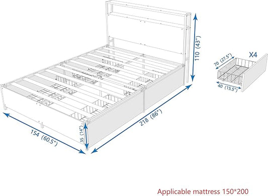 Panana 14 Inch Queen Size Bed Frame,Industrial Metal Platform Bed Frame with 2 Tier Storage Wooden Headboard and Footboard,4 Storage Drawers,No Box Spring Needed,Black&Brown