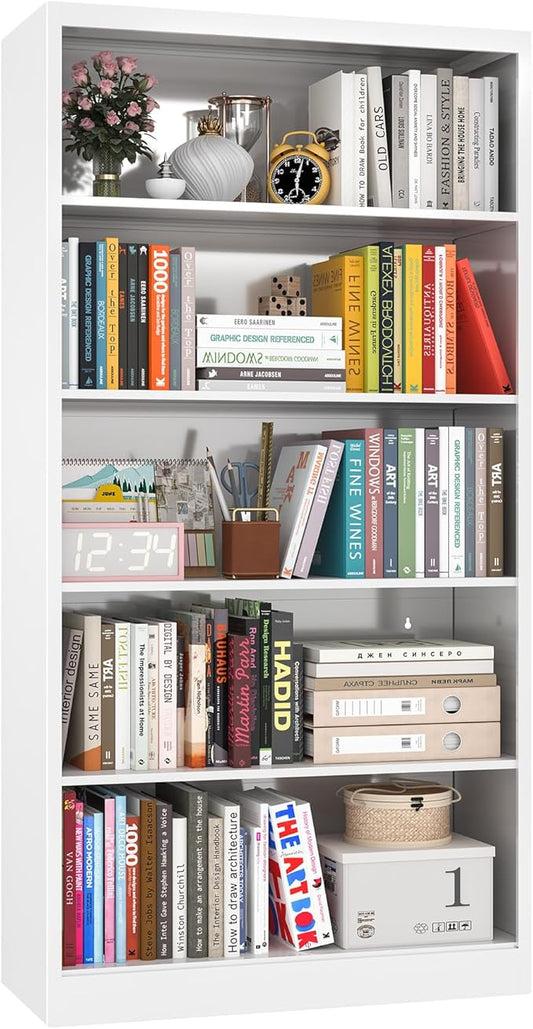Bookcase,5 Tier White Bookshelves,55" Tall Free Standing Metal Bookcase with Adjustable Storage Shelves, Industrial Wide Bookshelf for Bedroom Living Room Home Office School (White)