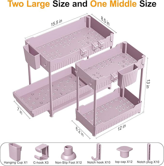 3 Pack Under Sink Organizers, 2-Tier Multi-Use Kitchen and Bathroom Organizers and Storage with Sliding Drawers,Bathroom Cabinet Organizer (Pink, 12.8 Inch)