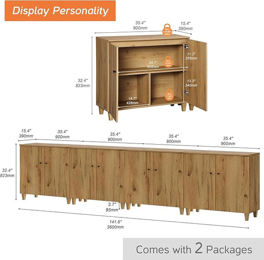WAMPAT Storage Cabinets with Doors, Set of 4 Wood Sideboards Extra Wide Buffet Storage Cabinets, Accent Cabinets with 12 Compartments for Living Room, Dining Room, Kitchen, 2 Packs, Rustic Oak Brown