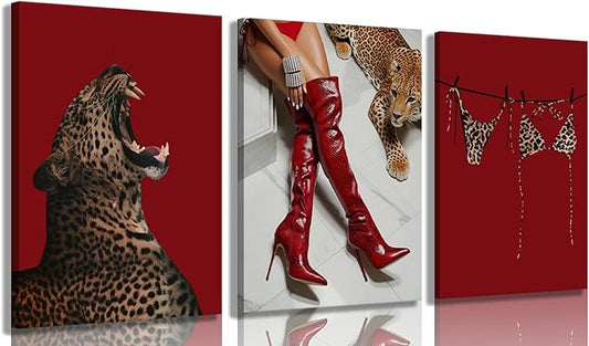 XLYFVLGF 3Pcs Red Fashion Leopard Canvas Wall Art Cheetah Wall Decor Pictures Stylish long boots print Bikini Painting Artwork for Living Room Bedroom Bathroom Corridor Home Decoration 16x24in