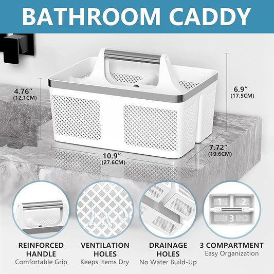 Plastic Shower Caddy Dorm: Portable Bathroom Caddy Organizer with Handle and Holes, Cleaning Basket, Hard Shower Basket Storage Tote for Toiletry, College Dorm Room Essentials White/Silver