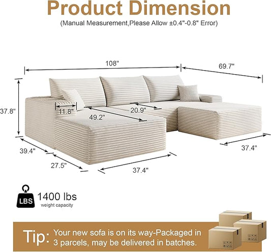 108" Sectional Couches for Living Room Modern Modular Sofa with L-Shape Couchs Upholstered Boneless Couch Deep Seat Sectional Couch with Chaise (White, Left Facing Chaise+2Seaters+1Ottoman)