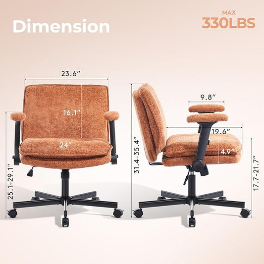 Criss Cross Chair with Flip-Up Arms and Lockable Wheels, Plush Fabric Cross Legged Office Desk Chair,Wider 125°Tilting Adjustable Swivel Computer Chair for Home, Apartment, Bedroom,Brown