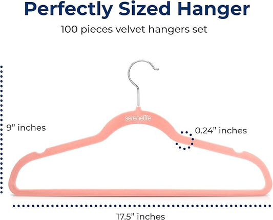 SereneLife 100 Pack Velvet Hangers - Non-Slip Felt with 360° Swivel Hook, Space-Saving, Ultra-Thin, Lightweight for Shirts, Sweaters, Hoodies, Kids Clothes & Dresses
