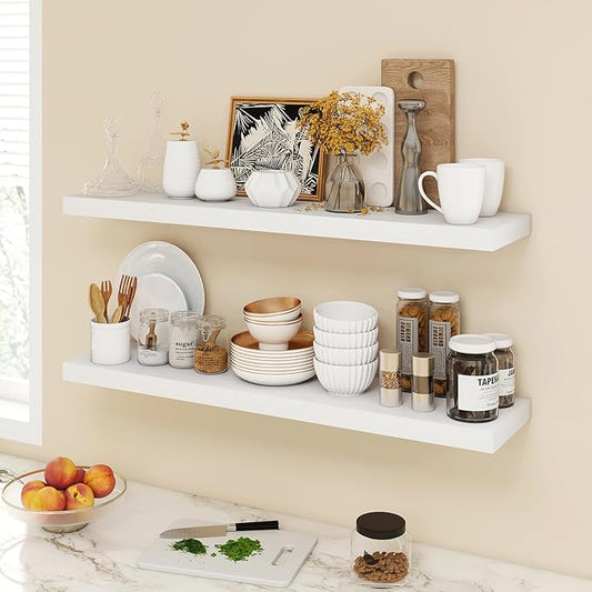 40 Inch Floating Shelves, 9.3" Deep Floating Shelf Wall Mounted, 40" Wall Shelves, Rustic Deep Bookshelf, Large Display Shelves & Storage Shelves for Bedroom, Living Room, White, Set of 2