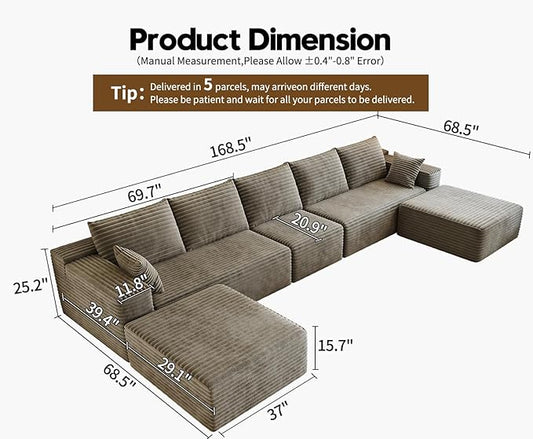 168.5" Modular Sectional Sofa, Oversized U-Shaped Minimalist Couches with 1 Middle Seat and 2 Ottomans Chaise, Modern Deep Seat Convertible Sleeper Sofa, Cloud Plush Corduroy Fabric,7 Seater, Camel