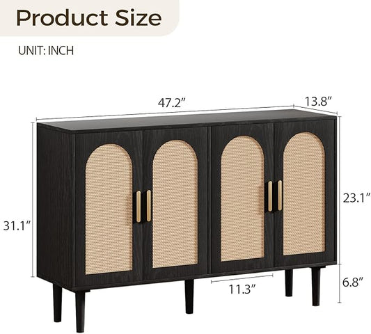 FONTOI Sideboard Cabinet with Rattan Doors, Kitchen Buffet Cabinet with Storage, Modern Farmhouse Large Accent Cabinets Credenza for Entryway Dining Room, Black