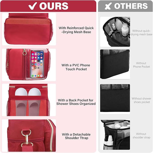 Portable Shower Caddy College, Quickly Dry Tolietry Mesh Tote Bag for Dorm Room Essentials, Hanging Bathroom Organizer Bag for Travel, Gym, Camping (Wine Red)