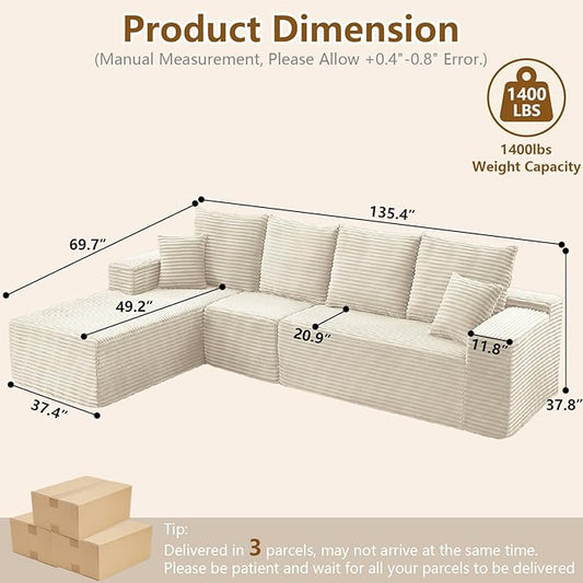 135" Cloud Sectional Couch with L-Shape Chaise, Modern Modular Comfy Sofa with Deep Seat, Upholstered Corduroy Couches Sleeper Chaise Longue for Living Room Bedroom, No Assembly Required, White