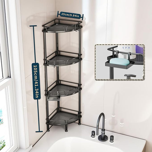 Consumest Corner Shower Caddy Stand - 4 Tier Shower Organizer with Soap Holder, Tall Floor Corner Shelf Standing with Adjustable Feet & 4 Hooks, Storage Rack for Bathroom Black