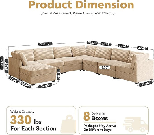 Large 8 Seat Modular Sectional Sofa with Ottoman Seat Corduroy Sleeper Sectional Sofa Bed Oversized Convertible Modular Couch for Living Room