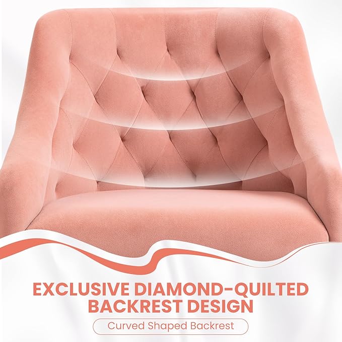 MOJAY Modern Mid-Back Tufted Velvet Office Chair, Swivel Height-Adjustable Home Desk Chair,Cute Velvet Soft Seat Vanity Chair with Rivet and Arm Support (Sherpa-Pink)