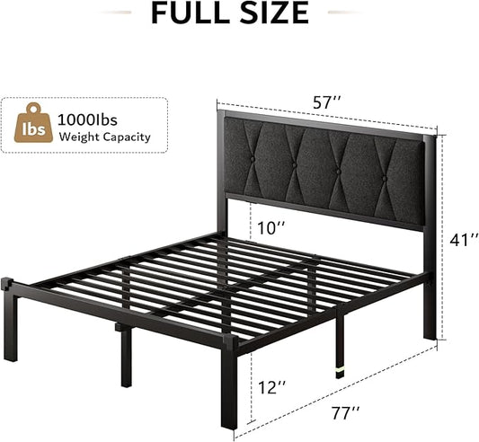 iPormis Full Size Metal Bed Frame, Linen Button Tufted Headboard Platform Bed, Heavy Duty Slats Support, 12" Under Bed Storage, No Box Spring Needed, Easy Assembly, Dark Gray
