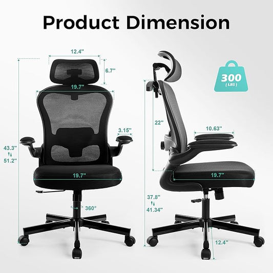 ALPHA HOME Ergonomic Office Chair with Massage Function&Coat Hunger, High-Back Mesh Computer Chair with Lumbar Support, Adjustable Height&Headrest&Flip-up Armrest, 360° Swivel Wheels, SGS Certified