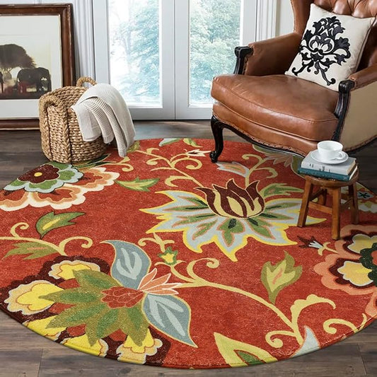 Lahome Red Floral Round Rug - 4 ft Christmas Washable Round Area Rugs Small Non Slip Entryway Mat, Throw Circle Vintage Distressed Door Mat Soft Floor Carpet for Bedroom Living Room Bathroom Kitchen