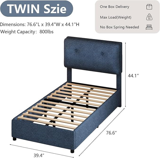 Twin Bed Frames,Breathable Boucle Fabric Upholstered Bed Frame Twin with Headboard,Removable and Washable,Wood Slat Support,No Box Spring Needed,Easy Assembly,Cama Individual,Navy Blue