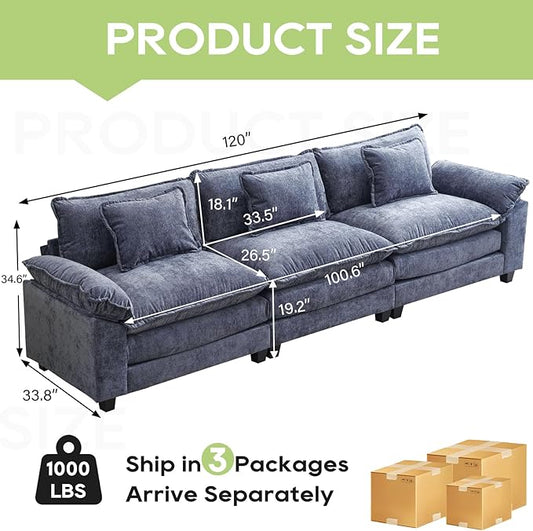 120" Modular Sectional Sofa, Comfy Cloud Couch Sectional, Chenille Sofa Sleeper Deep Seat Sofa with Throw Pillows for Living Room (Blue, 120"- 3 Seater)