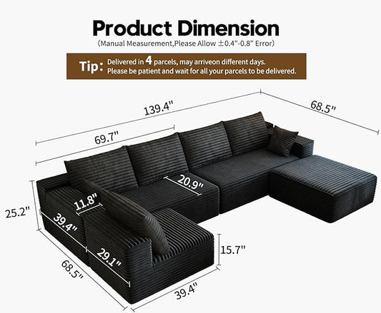 139.4" Modular Sectional Sofa, U-Shaped Minimalist Couches with Ottoman and Middle Seat, Modern Deep Seat Convertible Sleeper Sofa Bed, Reversible Chaise, Cloud Plush Corduroy Fabric,6 Seater, Black