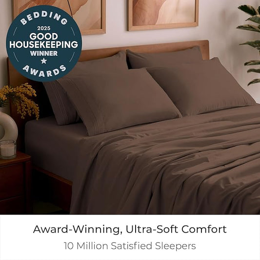 Mellanni Full Sheet Set - 6-Piece Iconic Collection Bedding, (Including 4 Pillowcases), 21-Inch Extra Deep Pocket, Easy Care, Ultra Soft, Cooling Sheets, Brushed Microfiber - Brown