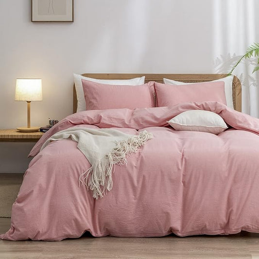 BESTOUCH Duvet Cover Set 100% Washed Cotton Linen Feel Super Soft Comfortable Chic Lightweight 3 PCs Home Bedding Set Solid Red Pink Full/Double