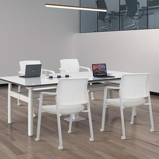 CLATINA Stacking Office Chairs with Wheels | Mesh Back, Thicken Leather Seat and Streamline Armrests, Ergonomic Lumber Support | School, Desk, Guest Reception, Waiting, Conference | Set of 8, White