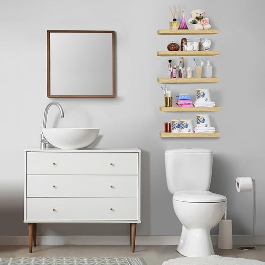 Sorbus Floating Shelves for Wall, Bathroom Shelves Wall Mounted for Kitchen, Bedroom, Living Room, Bathroom Storage, Over Toilet, Hanging Book Shelf for Wall Home Decor (Maple Wood, 5 Pack)