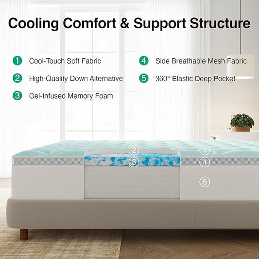 Novilla 4 Inch Dual Layer Memory Foam Mattress Topper, 2 Inch Gel Memory Foam and 2 Inch Cooling Down-Alternative Mattress Pad Cover for Back Pain, Breathable & Certi-Safe, King
