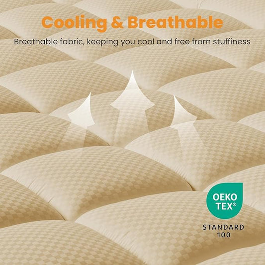 MATBEBY Queen Size Mattress Pad - Cooling Breathable Mattress Topper, Quilted Fitted Mattress Protector, Pillow Top Mattress Cover with 8-21" Deep Pocket, Soft, Machine Washable, Beige, 60x80 Inches