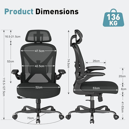 ZZH Ergonomic Office Chair with Adjustable Lumbar Support and Headrest, Mesh Home Office Desk Chair with Wheels and Flip-up Arms, Black