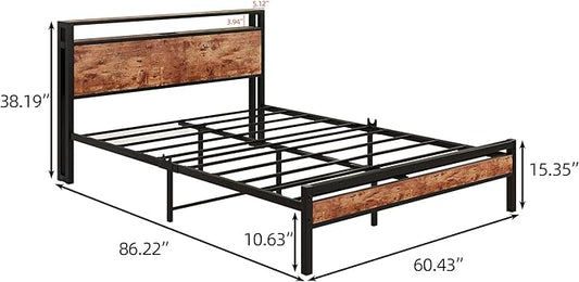 HOJINLINERO Queen Bed Frame with Storage Headboard/Charging Station,Metal Queen Size Bed Frame with Power Outlets/USB Ports No Box Spring Needed,Under Bed Storage,Easy Assembly,Rustic Brown