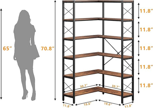 6-Shelf Corner Bookshelf, Vintage Industrial CornerBookshelf Etagere Bookcase, Large Book Shelf with Metal Frame Open Storage Corner Cabinet for Living Room Home Office(Retro Brown)