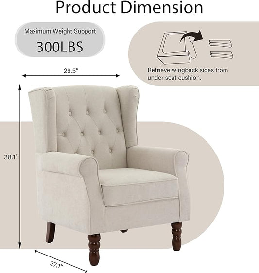 Lumibee High Back Accent Chair,Upholstered Wingback Armchair with Solid Wood Legs for Small Spaces,Comfy Single Sofa Chair for Living Room,Bedroom,Office-Beige