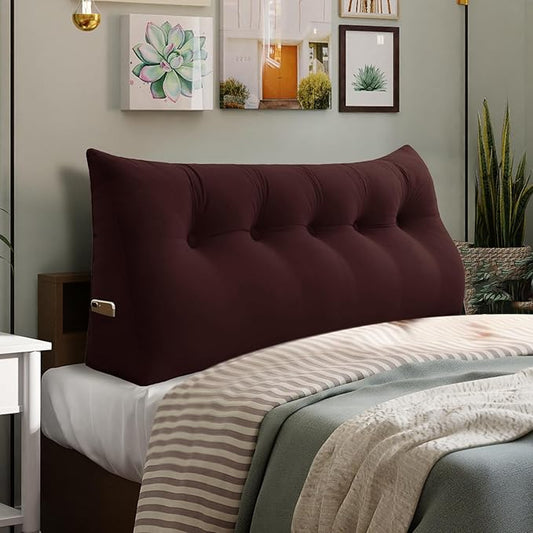 11 lbs Thickened Queen Headboard Pillow for Sitting Up in Bed, Back Support Reading Pillow with Side Pocket and Velvet Removable Cover, Triangular Large Wedge Headboard Pillow
