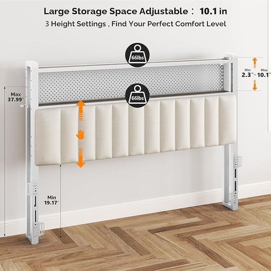 VINGLI Queen Size Headboard Only, Adjustable Upholstered Headboard with 2 Tier Shelves and Pegboard with Charging Stations and LED Lights, Modern Bed Headboard with Storage for Bedroom Decor
