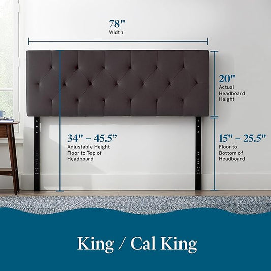 Lucid Mid-Rise Upholstered Headboard - Diamond Tufted - Padded Polyester - Adjustable Height from 34โ to 46โ - Easy Assembly - Bed Frame or Wall Mount - Sturdy - Charcoal - King / Cal King Size