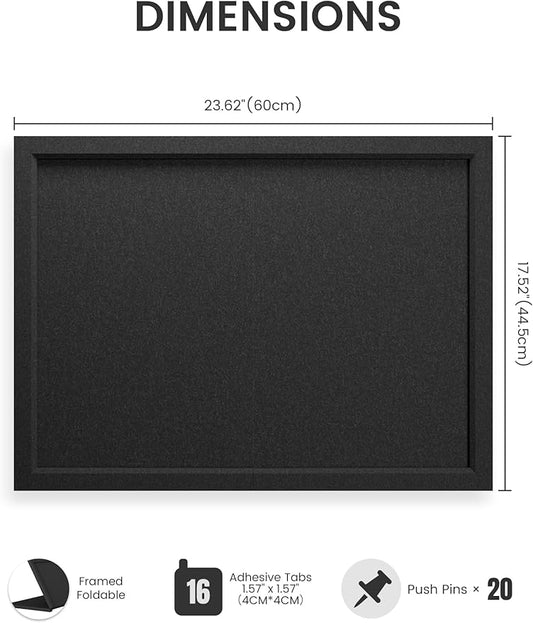 Foldable Cork Board Alternative, Felt Bulletin Board 24" x 18" Black Frame with 16 Adhesive Tabs, Pin Board for Home Office, Classroom, Entryway, Kitchen Wall Decor—Black