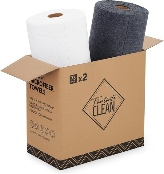 Fantasticlean Microfiber Cleaning Cloth Roll -150 Pack, Tear Away Microfiber Towels, 12" x 12", Reusable, Washable, Ultra Absorbent Dishcloth for All-Around Cleaning Supplies (White & Dimgrey)