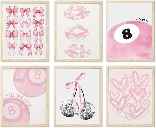 Cute Pink Girl Poster Set of 6, Light Pink Coquette Wall Art Trendy Lucky 8 Ball Wall Decor Paintings Pastel College Apartment Bedroom Living Room Dorm 12x16 inch Unframed