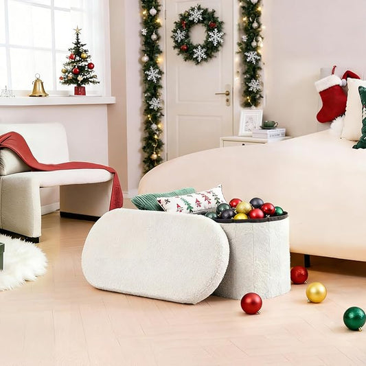 B FSOBEIIALEO Ottoman with Storage for Living Room, Sherpa Folding Storage Ottoman Foot Rest, 30 Inches Collapsible Bedroom Bench White