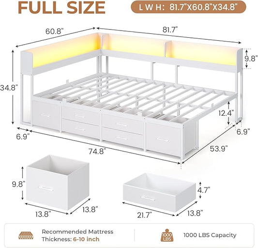 VIAGDO Corner Bed Frame Full with Storage Bookcase and 6 Drawers, Metal Platform Corner Bed Frame with LED Lights and Charging Station, Full Daybed for Kids Teenagers, White