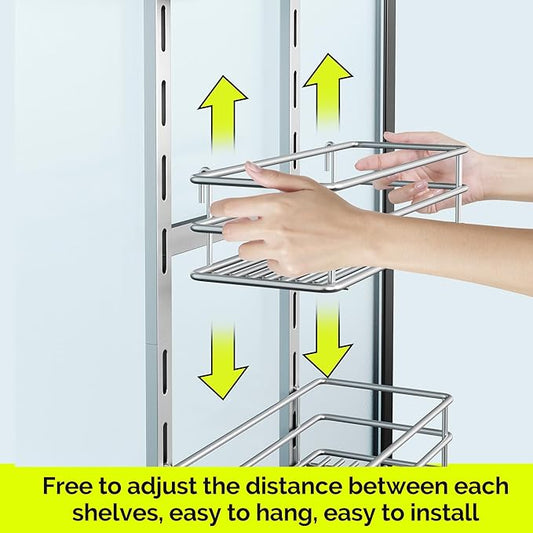 Orimade Over The Door Shower Caddy Adjustable 3 Tier Silver,Bathroom Hanging Organizer Shelf Rustproof with 4 Hooks,Shower Basket with Soap Holder and Suction Cup