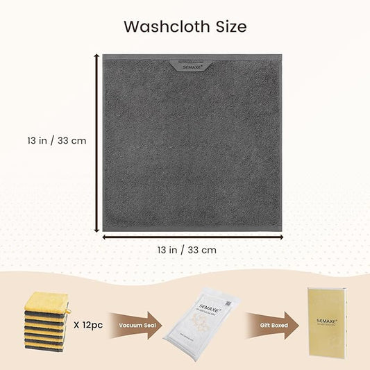 SEMAXE 100% Cotton Washcloths 12-Pack, 13 × 13 Inch Soft Luxury Face Towels – Super Absorbent & Quick-Dry, Premium Cloth with Hanging Loop, Oeko-TEX Certified, Gift-Ready Box