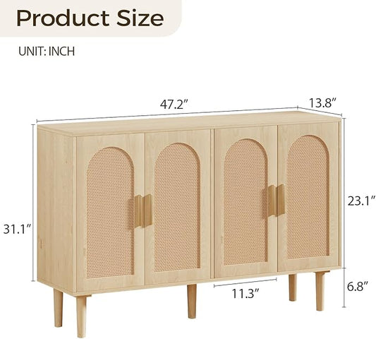 FONTOI Sideboard Cabinet with Rattan Doors, 4 Door Credenza Buffet Cabinet with Storage, Modern Large Kitchen Accent Cabinets for Entryway Living Room & Dining Room, Natural