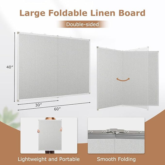 DOLLAR BOSS Foldable Linen Board, 60 x 40 Inch Corkboard, Large Bulletin Board, Portable Double Sided Aluminum Frame Wall Mounted Pin Board for Office School Dorm Supplies with 20 Push Pins, Grey