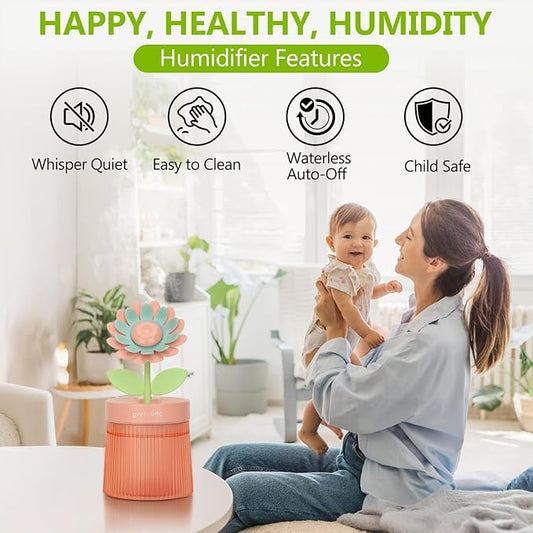 Cute Flower Mini Humidifier, 260ml Sunflower Portable Small Humidifier, Desktop Humidifiers Cool Mist Humidification for Home, Bedroom, Baby Nursery, Office & Indoor Plants, USB Powered (Pink)