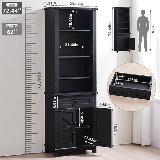 72in Tall Bookshelf 7 Tier Bookcase with Drawer and Barn Doors and Adjustable Shelves, Black Farmhouse Book Shelf with Storage Cabinet, Wood Freestanding Display Bookshelves for Kitchen (2PCS)