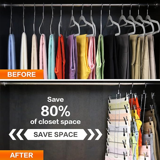 4 Pack Pants-Hangers-Space-Saving,6 Tier-Closet-Organizers-and-Storage Skirt Hooks with Clips,Closet-Organizer-Clothes-Organization-and-Storage Jeans Scarf Holder,College-Dorm-Room-Essentials Decor