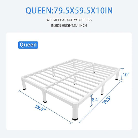 MAF 10 Inch Queen Size Bed Frame White with Round Corner Legs Mattress Slide Stopper No Box Spring Needed Heavy Duty Metal Platform Bed Frames Under-Bed Storage Space, 3000 LBS Steel Slats Support