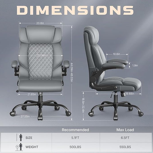 Office Chair, Ergonomic Big and Tall Executive Desk Chair, Breathable Leather Chair with Adjustable Flip-up Armrests, Lumbar Support Swivel Computer Chair with Rocking Function (Gray)